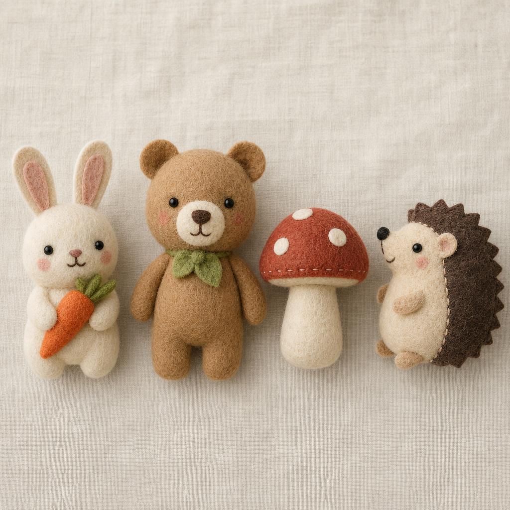 Игрушки из фетра: заяц, медведь, ёж и гриб